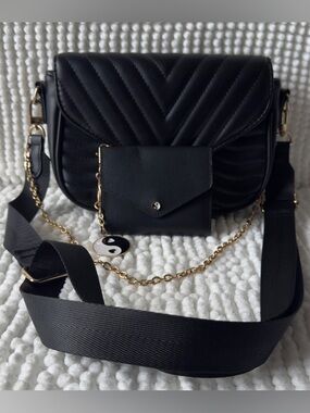 Black Quilted Crossbody Bag with Coin Pouch